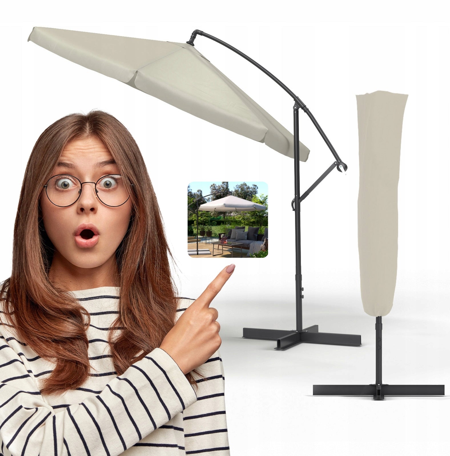 Large garden umbrella 300 cm foldable with boom and ECRU cover