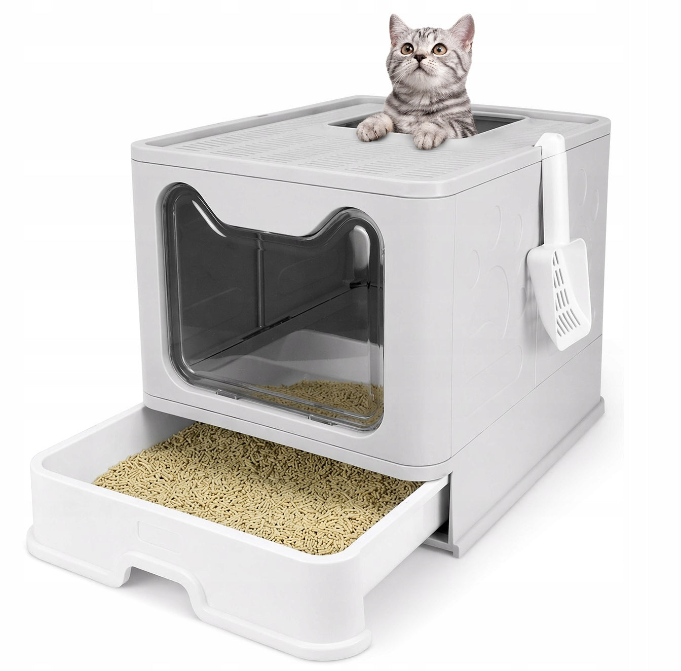Large indoor cat litter box with drawer + spatula toilet closed F055