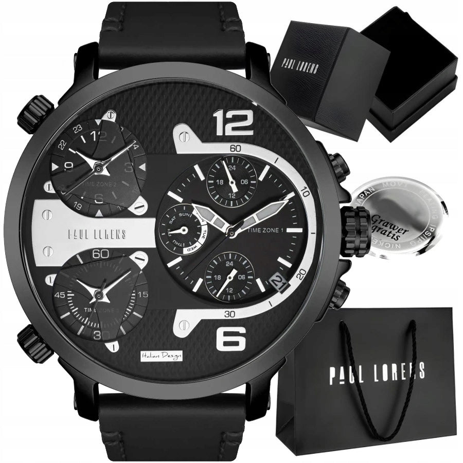 Large men's watch Paul Lorens TEZERT multidate + time zones ENGRAVING