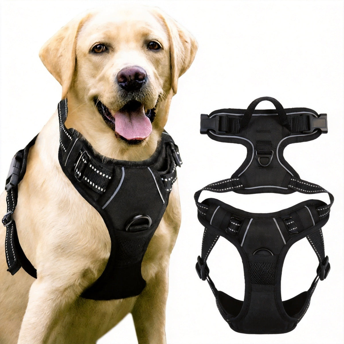 Large pressure-free dog harness with reflective strips