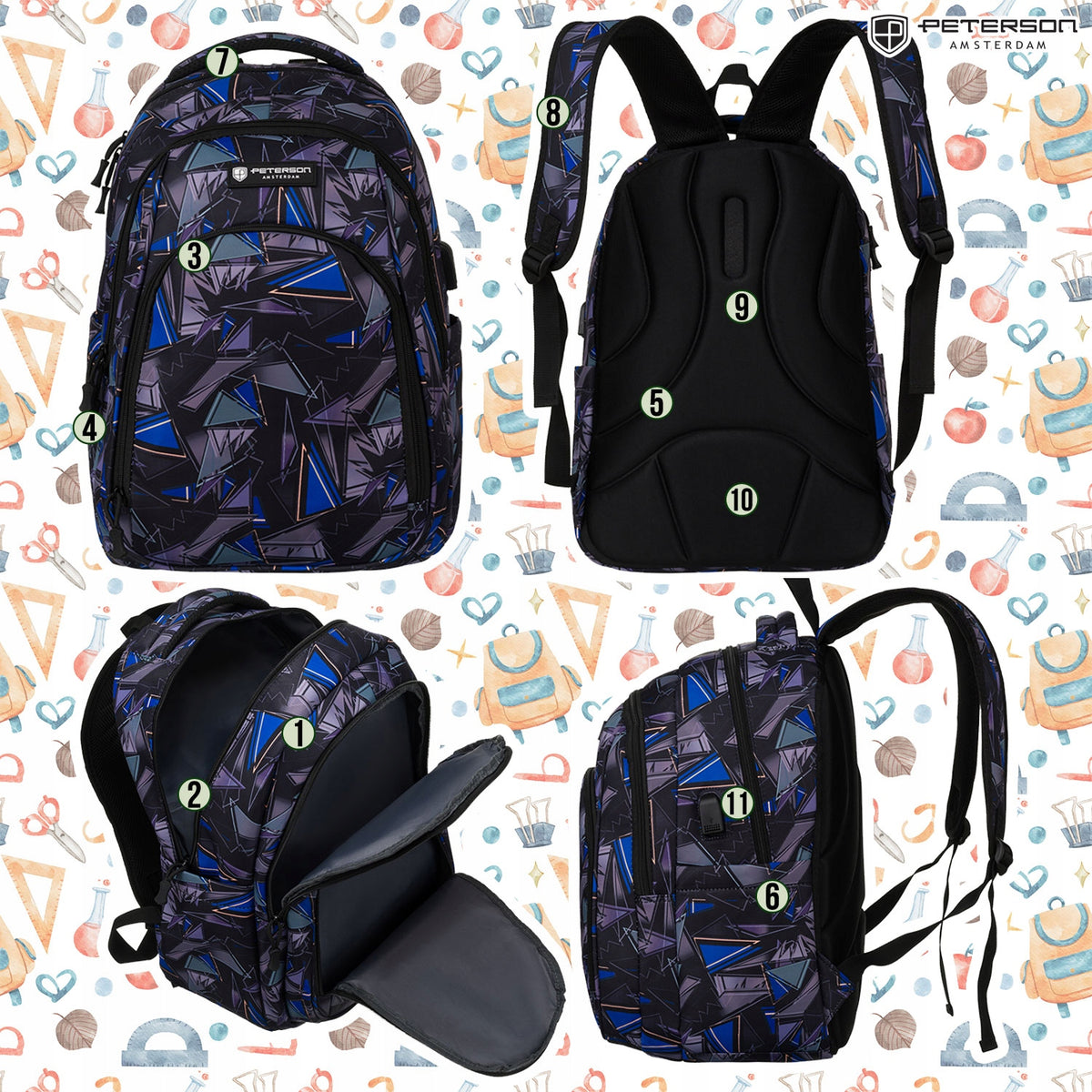 Large school backpack sports youth roomy two-chamber USB Peterson Manufacturer code PTN 77711-6654 PRT-6
