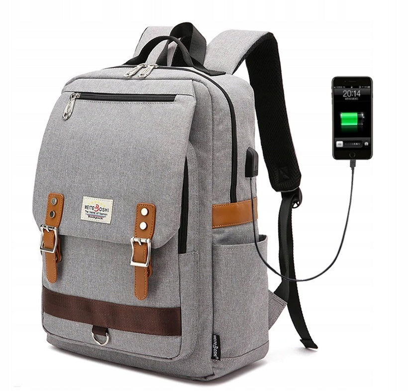 Large school laptop backpack with USB cable grey holds size. A4