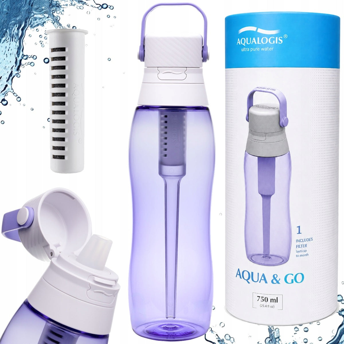 Large water filter bottle with filter cartridge Aqua&Go Lavender 0,75 L