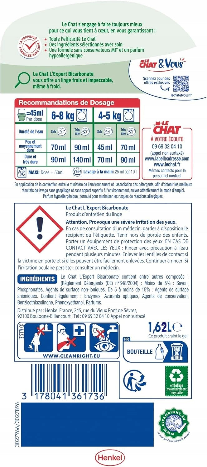 Le Chat L'EXPERT bicarbonate universal washing gel 1,62L 36 washes Packaging status original