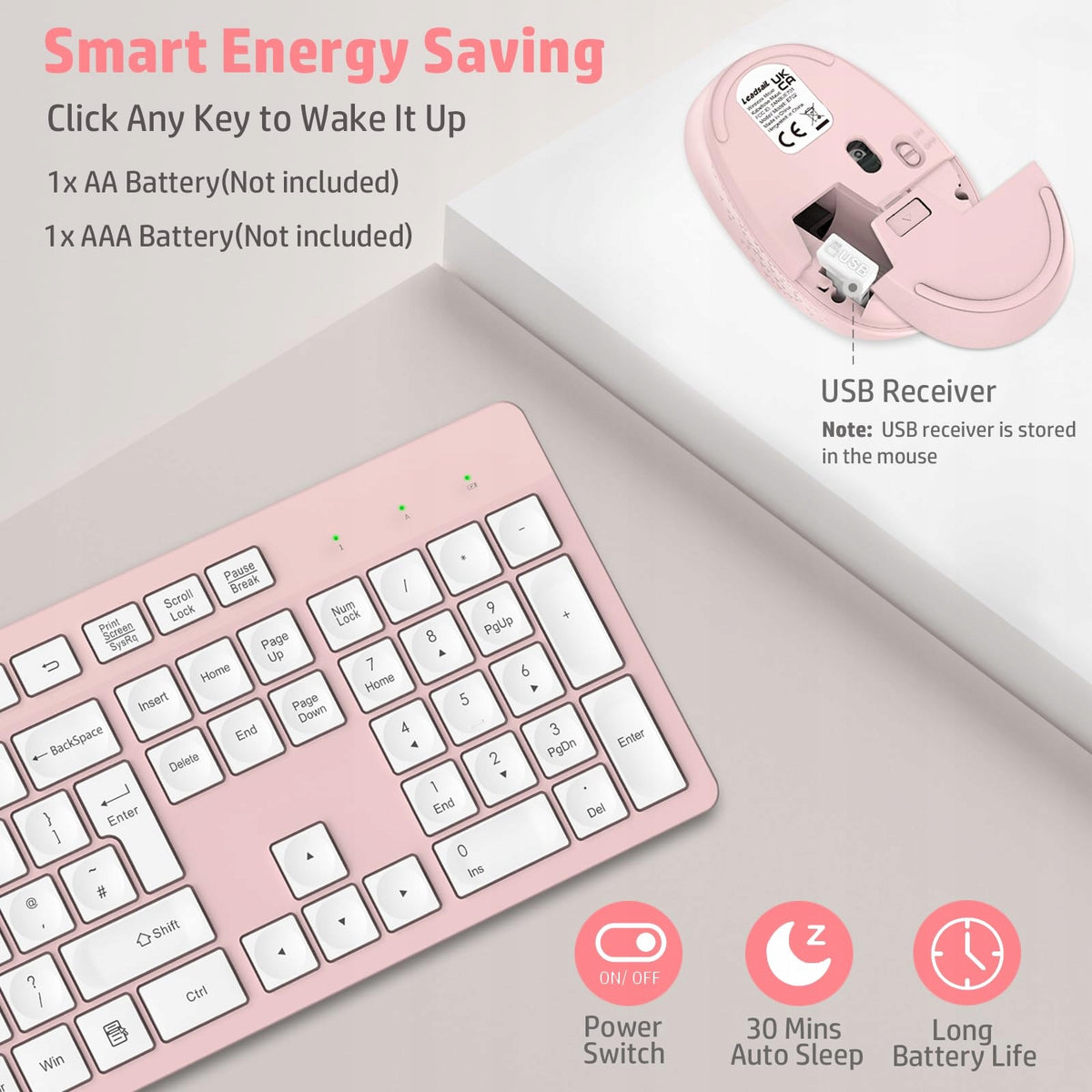 LeadsaiL Wireless Keyboard and Mouse Set, 2.4GHz USB Computer Keyboards and Manufacturer code K786-PINK
