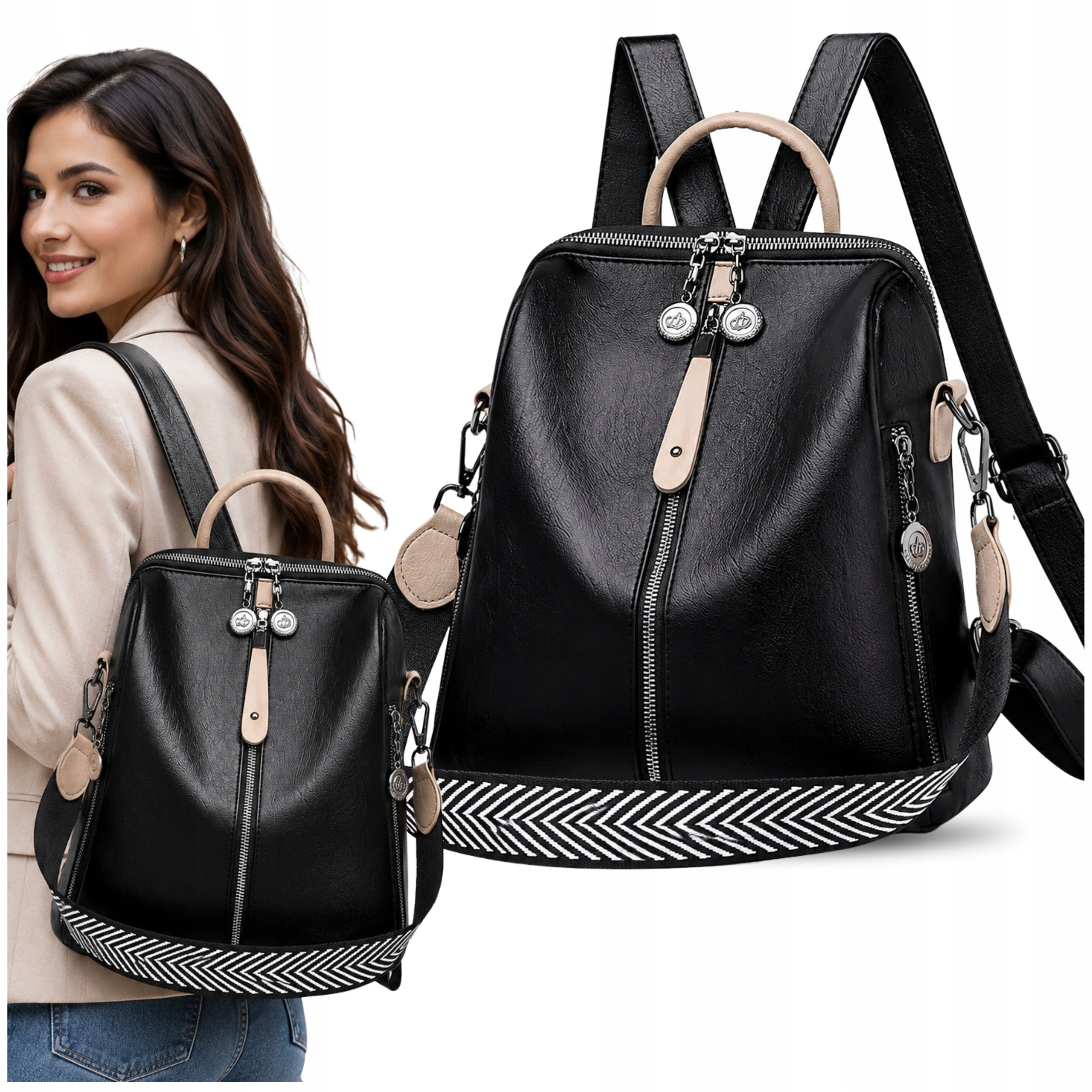 Leather Backpack Black Waterproof Women's Spacious 2in1 Schools Work City Packaging status original