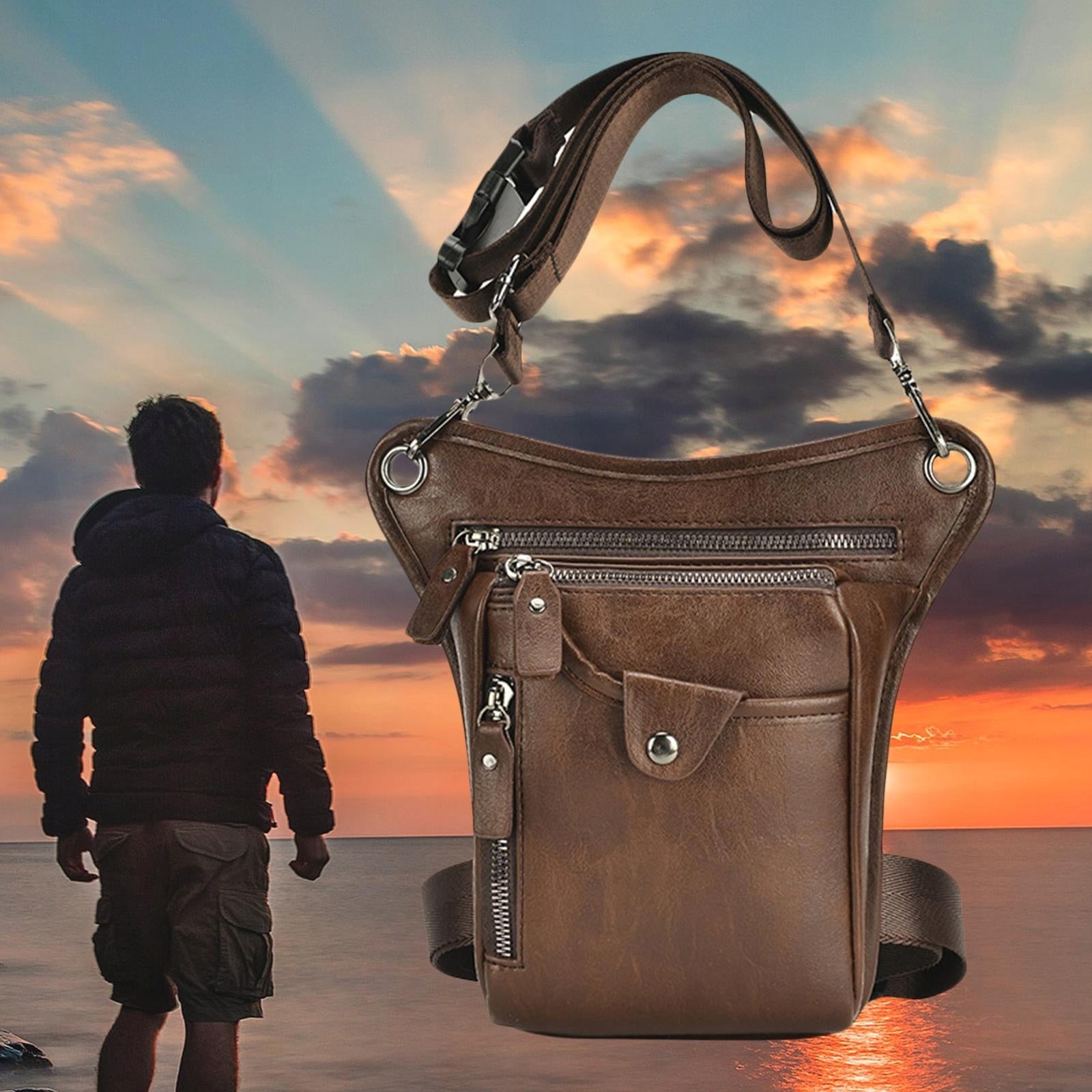 Leather Bag Leg Pouch Motorcycle Brown Kind Strap