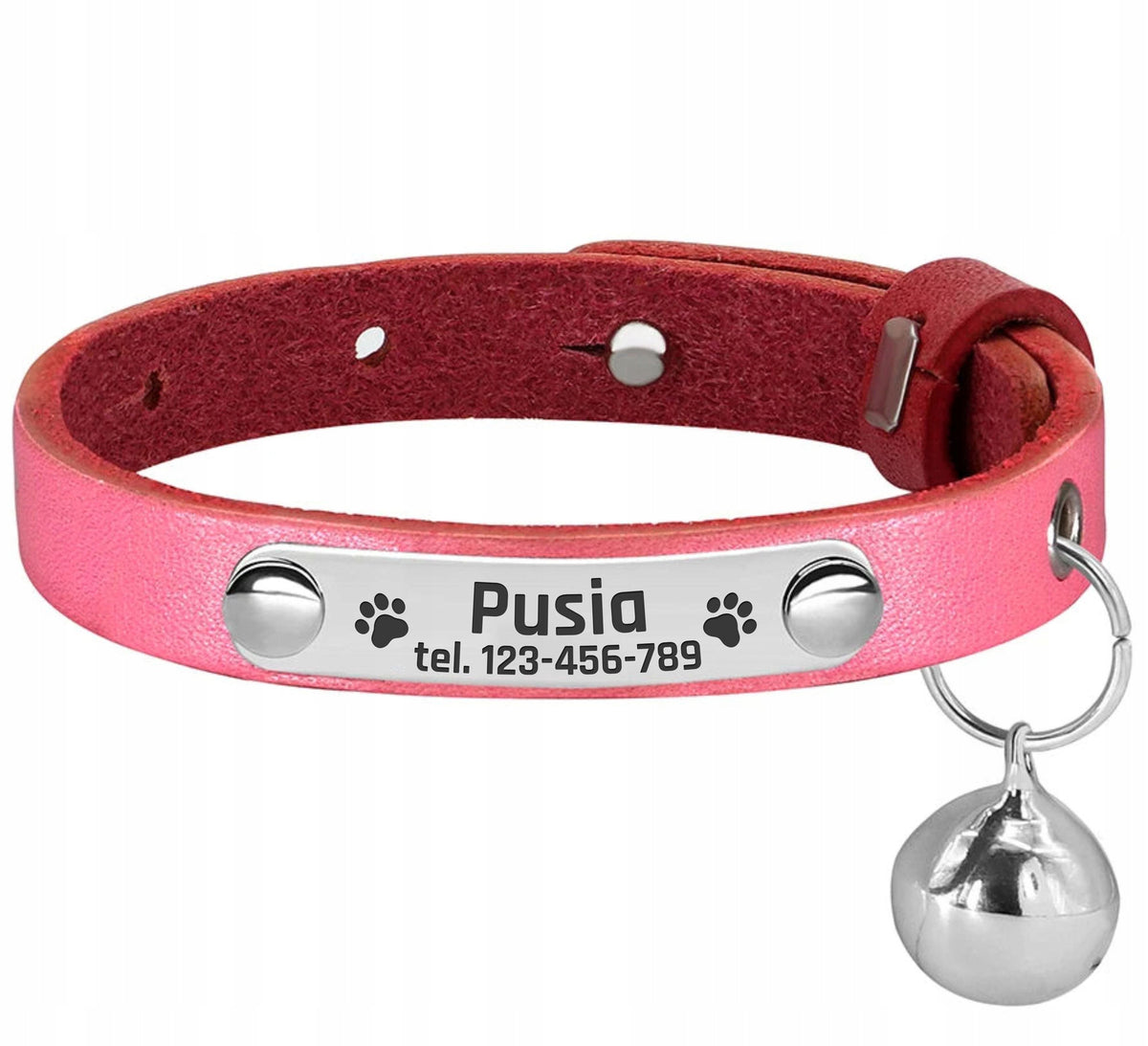 Leather Collar for Cat and Dog, bell, ENGRAVED ID, PINK (S)