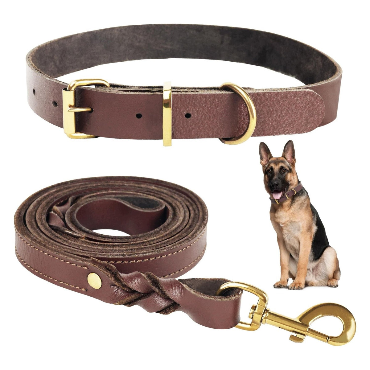 Leather Dog Collar and Leash - Brown - Large