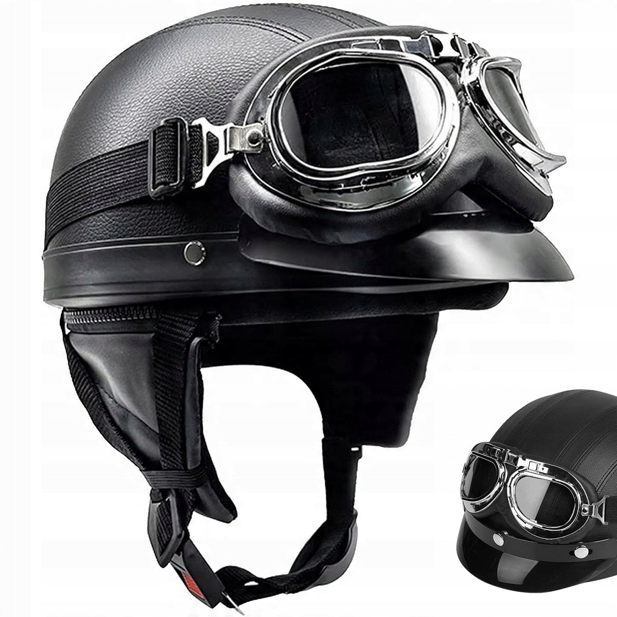 Leather Helmet + Motorcycle Goggles Helmet Veteran Retro Chopper