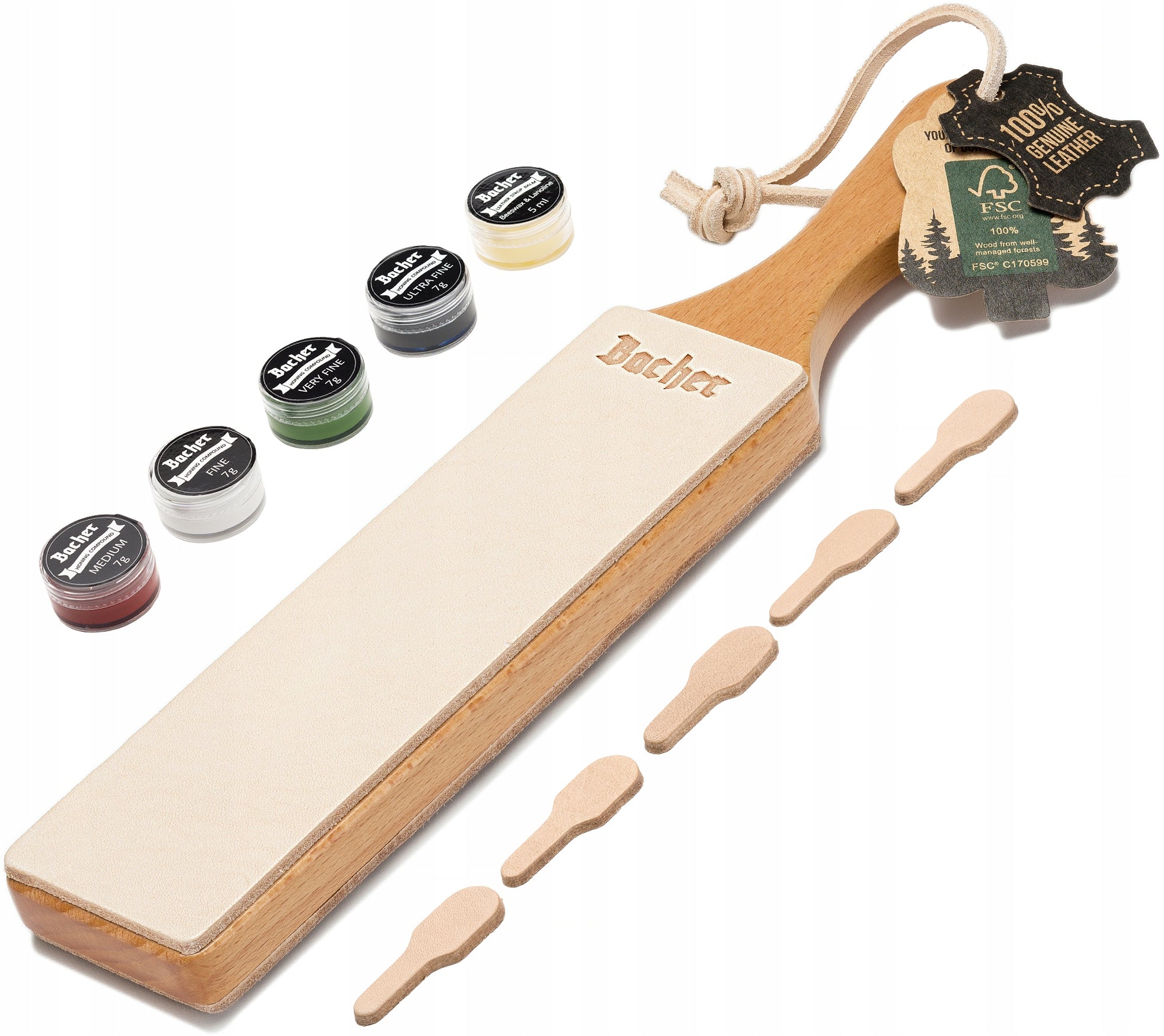 Leather ceiling for sharpening knives BACHER double-sided belt + 4 pastes, balm