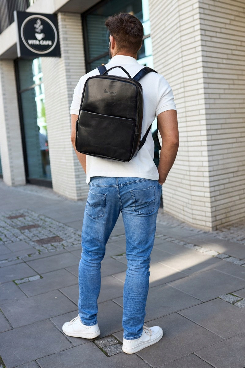 Leather laptop backpack 15,6 business large A4 roomy black premium Brand Beltimore
