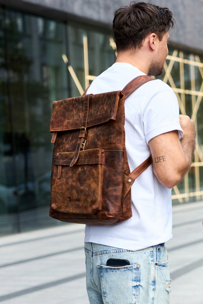 Leather laptop backpack 15,6 business large A4 roomy brown Beltimore Packaging status original