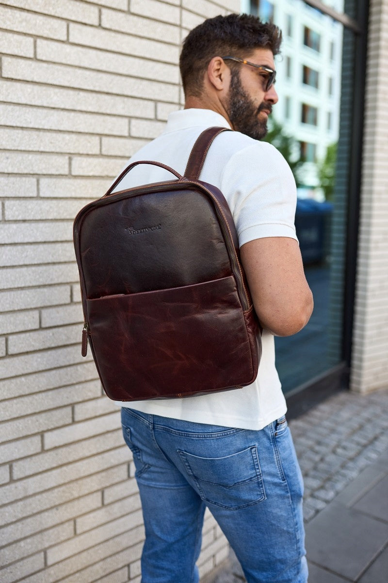 Leather laptop backpack 15,6 business large A4 roomy brown premium Brand Beltimore