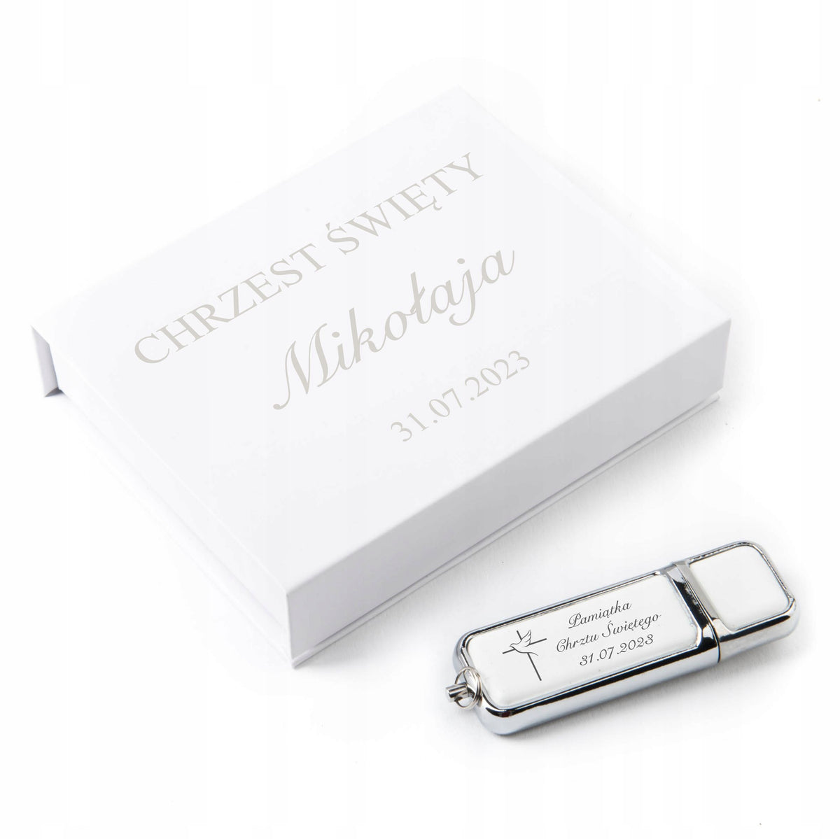 Leather pendrive 1 GB USB 2.0 + magnet box + BAPTISM engraving Color white