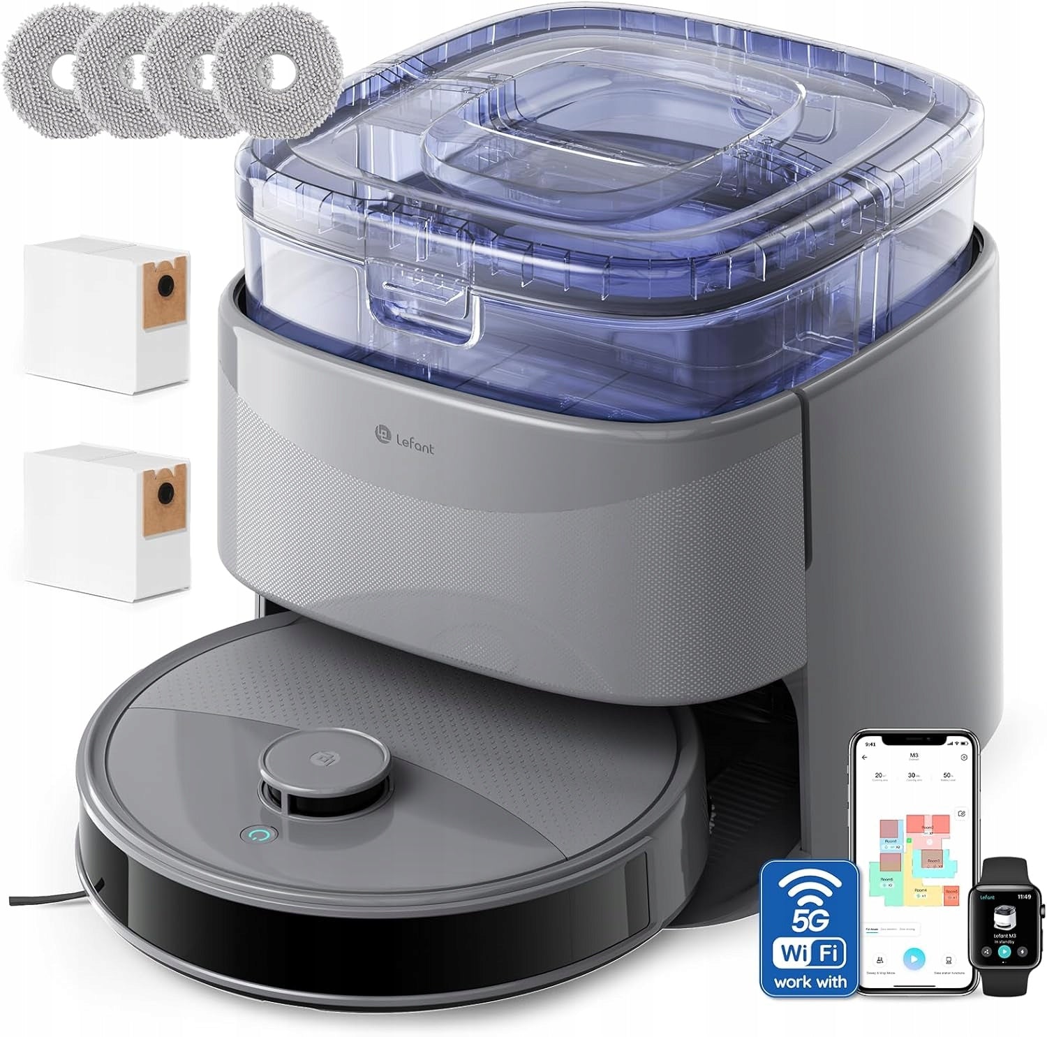 Lefant M3 Max Robot Vacuum Mopping Station 20000Pa 2in1 with base