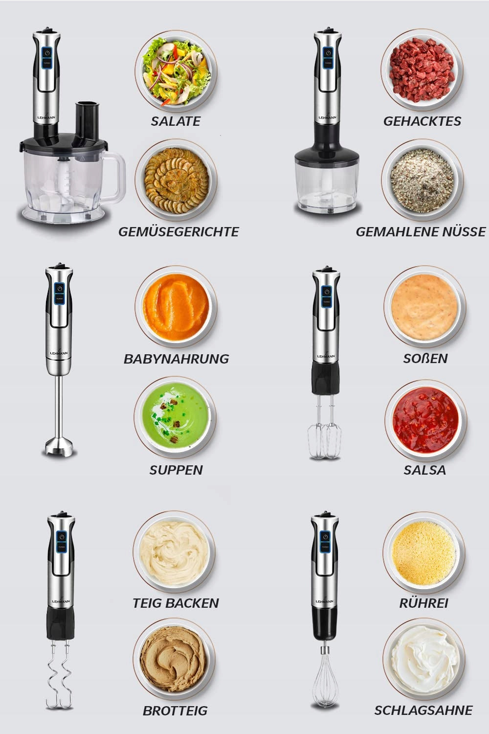 Lehmann hand blender Chopsui 1200W turbo 8 gears silver Brand Lehmann