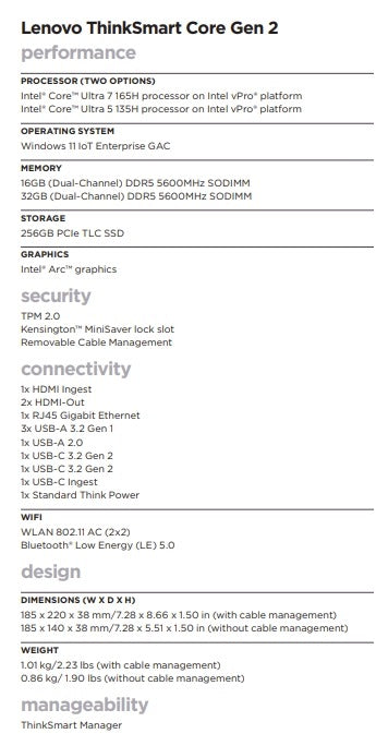 Lenovo ThinkSmart Core Gen 2 Computer for Microsoft Teams Rooms (12W6000CPB) Packaging status original