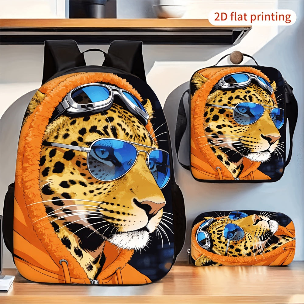 Leopard Print Blue Sunglasses 3-Piece Backpack Set with Lunch Bag and Pencil Case
