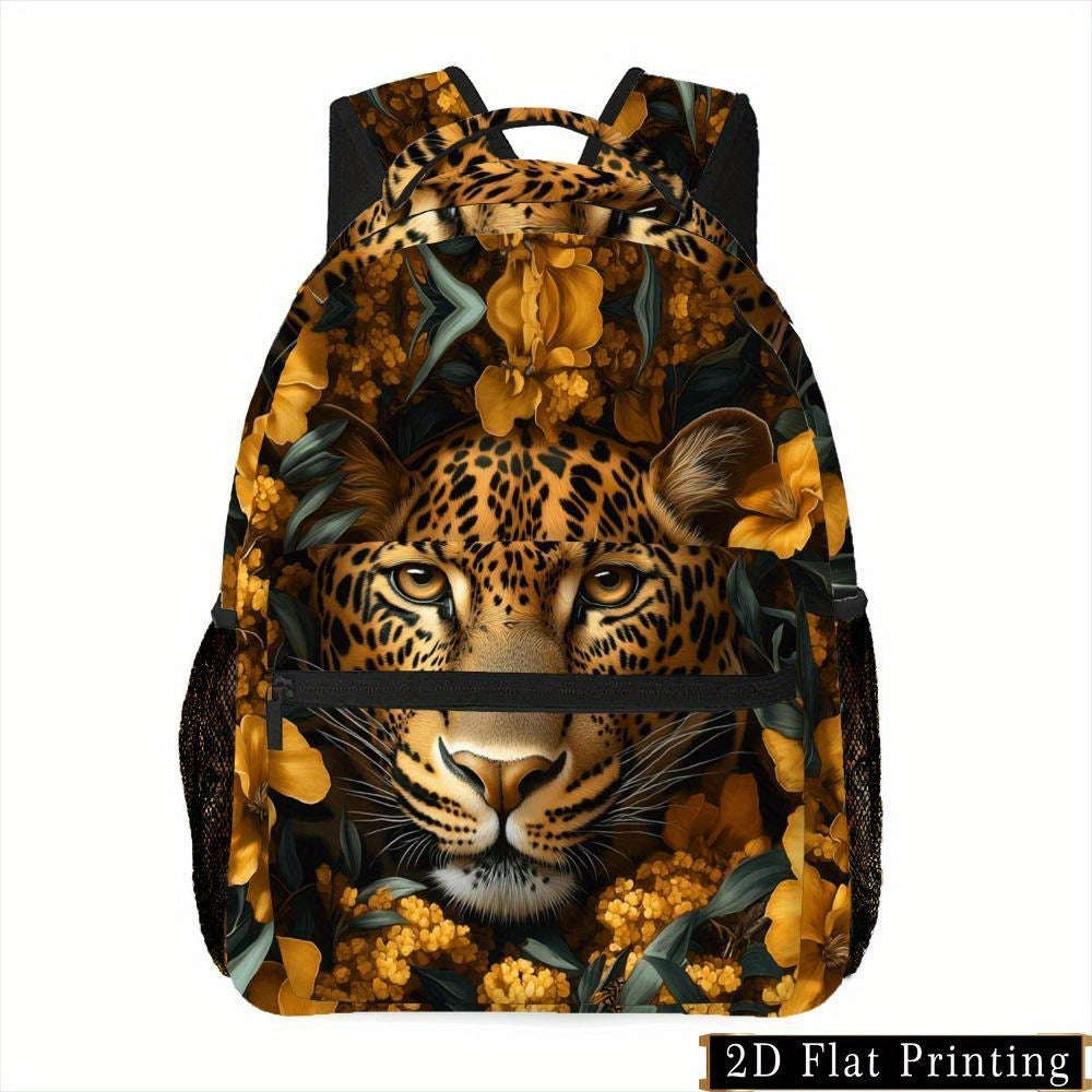 Leopard Print Floral Backpack - Travel & Commute Bag - Large Capacity