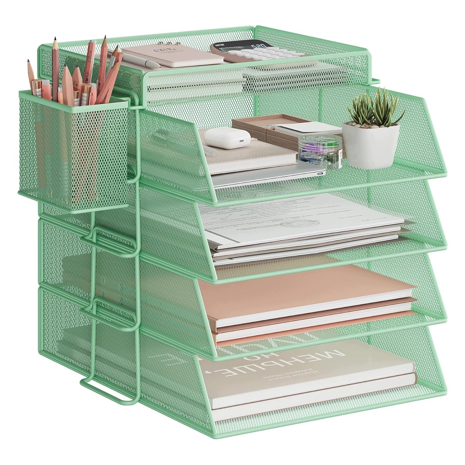 Letter Trays Desk Organizer with 4 Compartments and 1 Pen