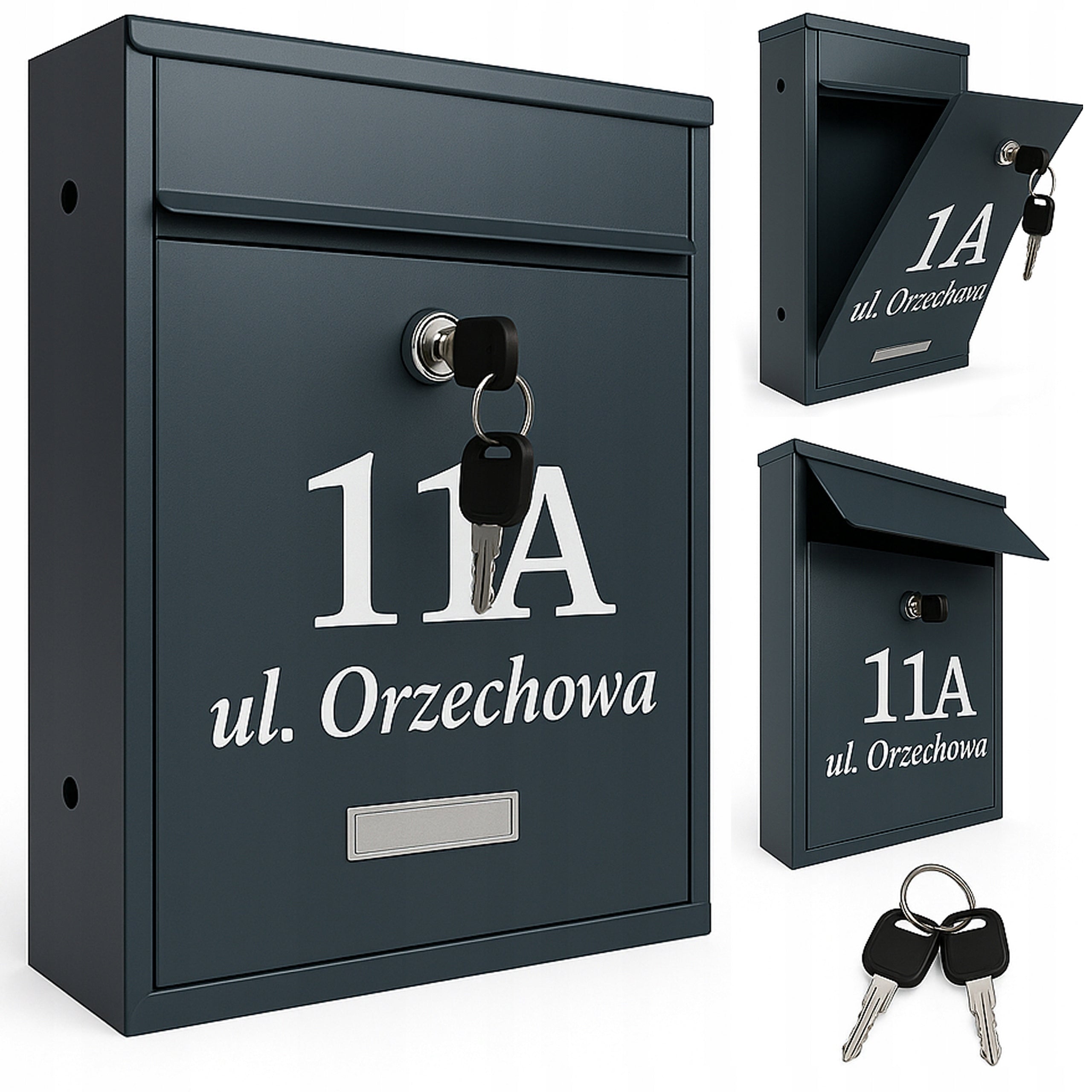 Letterbox black with house number and A4 address – personal postal