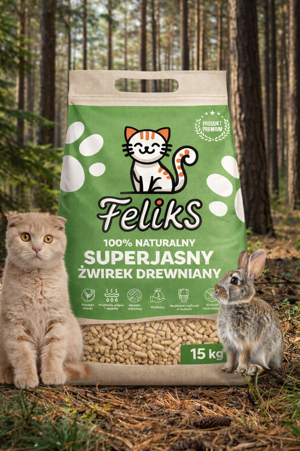 Light wooden pellet litter 15kg for cats, rabbits, rodents, pigs and hamsters Manufacturer code 001
