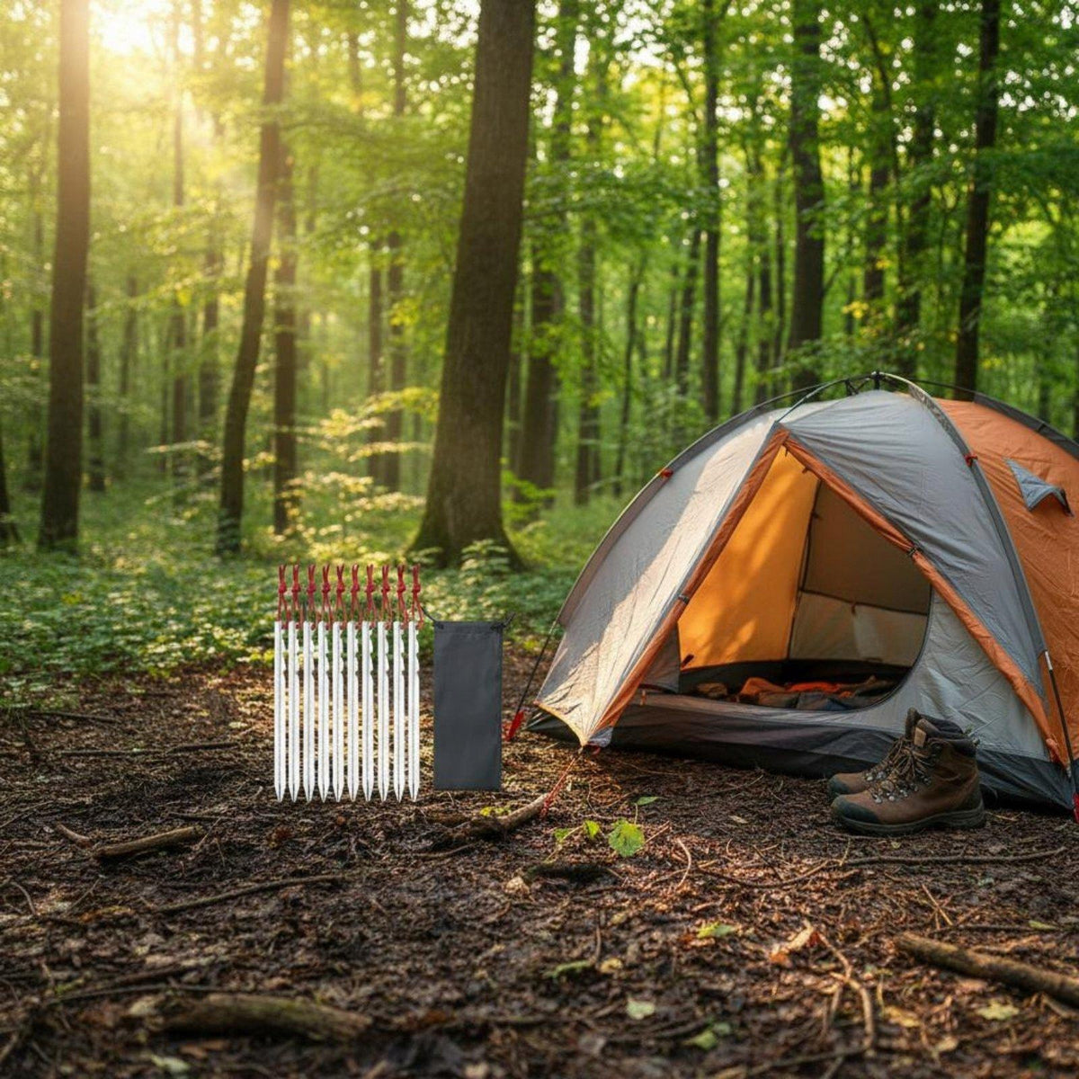Lightweight Aluminum Tent Peg Set Serrated Stakes with Pull Rope and Black Packaging status original