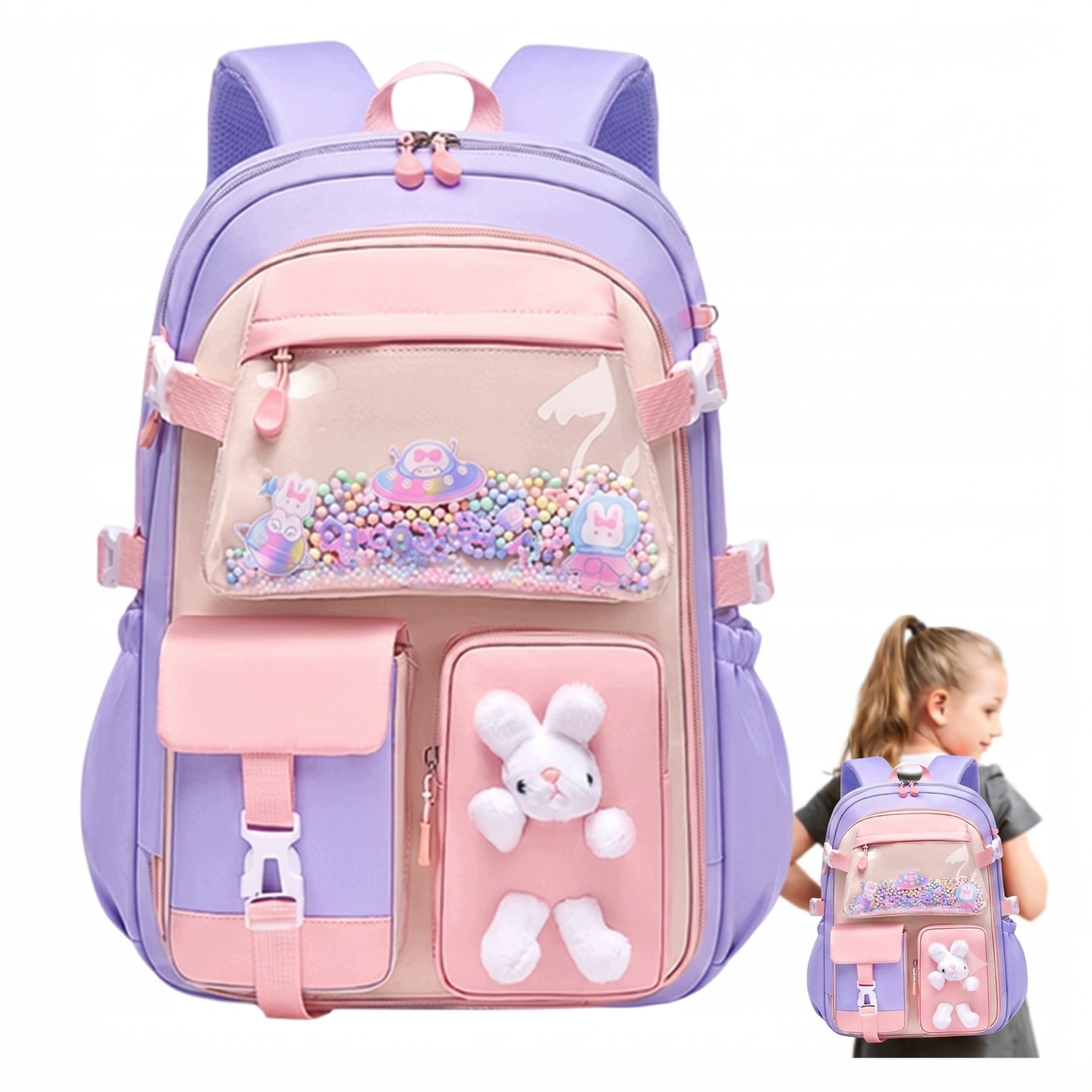 Lightweight School Backpack With Bunny Girls Waterproof Reflectors Spacious