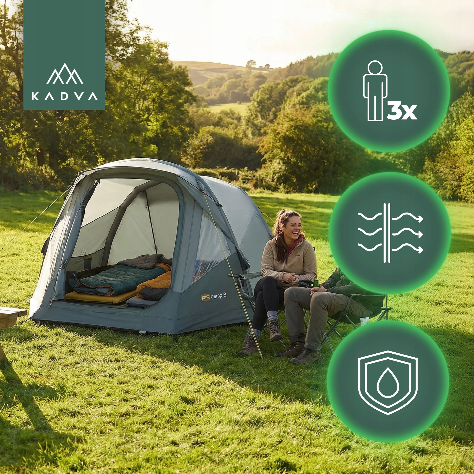 Lightweight camping tent for 3 persons KADVA AIRcamp 3 HIKING WATERPROOF Brand Kadva