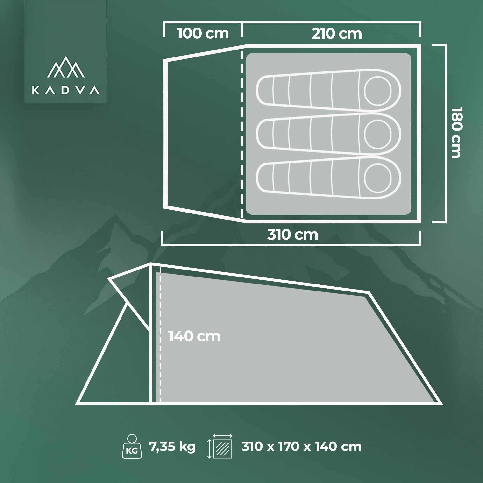 Lightweight camping tent for 3 persons KADVA AIRcamp 3 HIKING WATERPROOF Manufacturer code KDW-AIR003