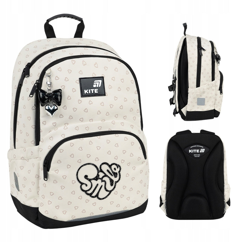 Lightweight girls' school backpack up to 1-6th grade with chest strap beige Kite