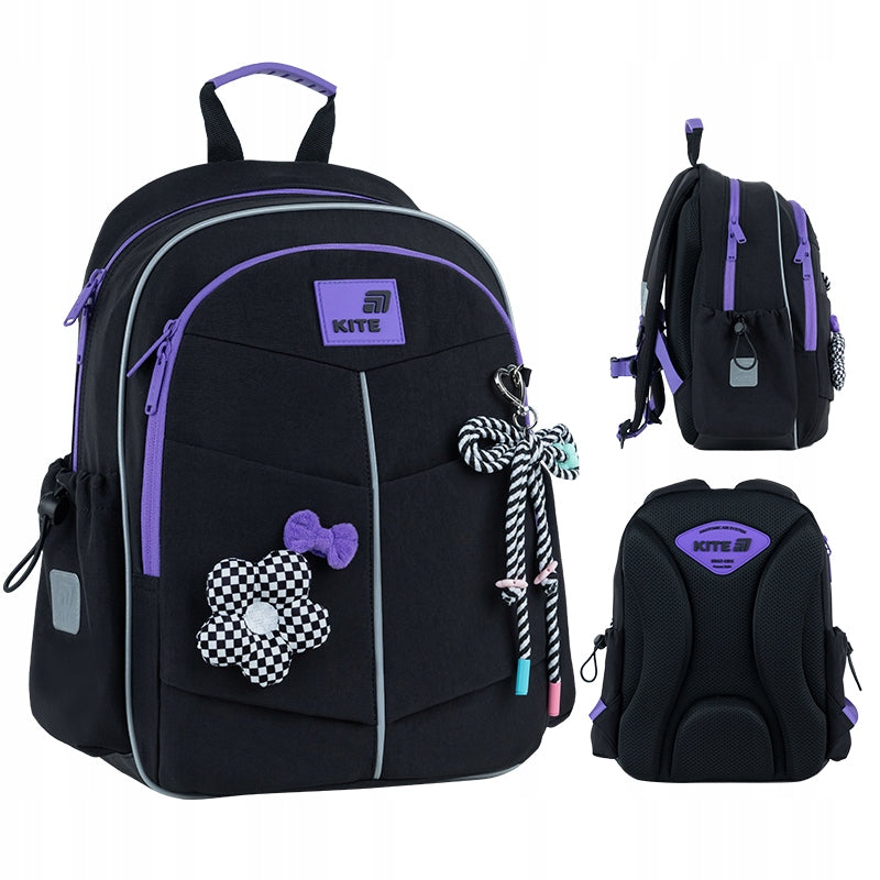 Lightweight school backpack for girls 1 2 3 black class with mascot Kite