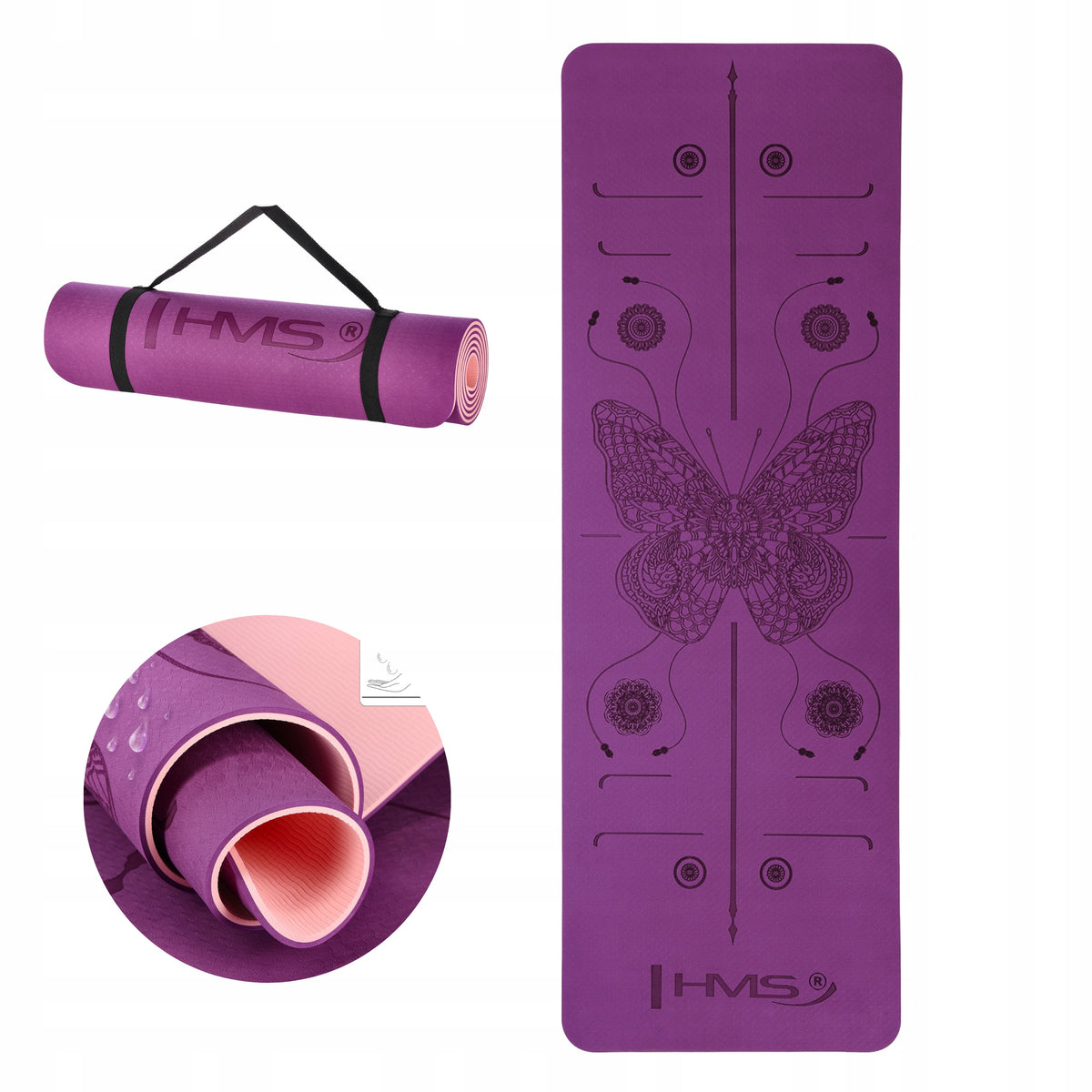 Lightweight yoga mat tpe purple with drawstring handle HMS