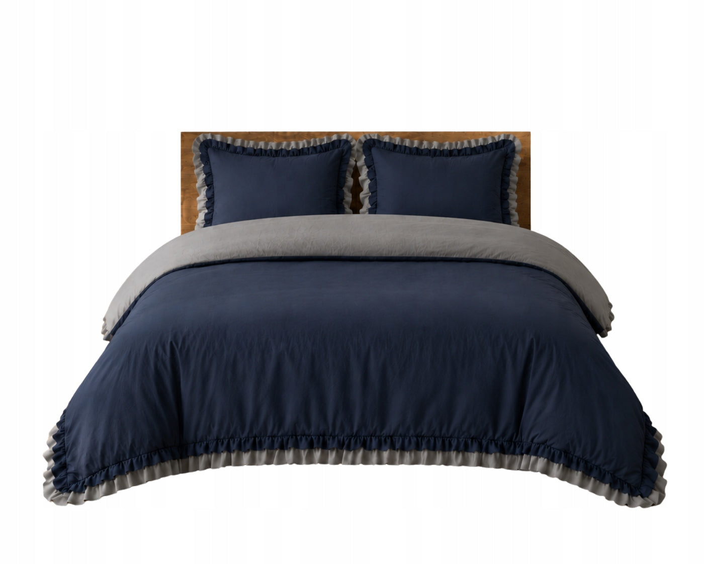 Linen satin cotton 220x200 navy blue grey frills 2x70x80 Premium