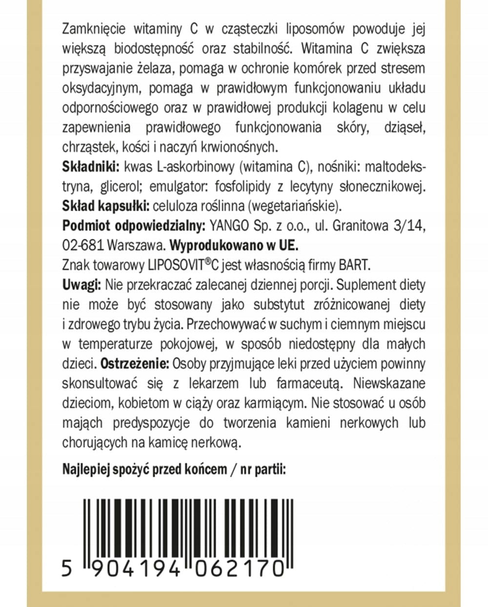 Liposomal Vitamin C - Yango - 60 kaps - Increased Bioavailability Brand Yango
