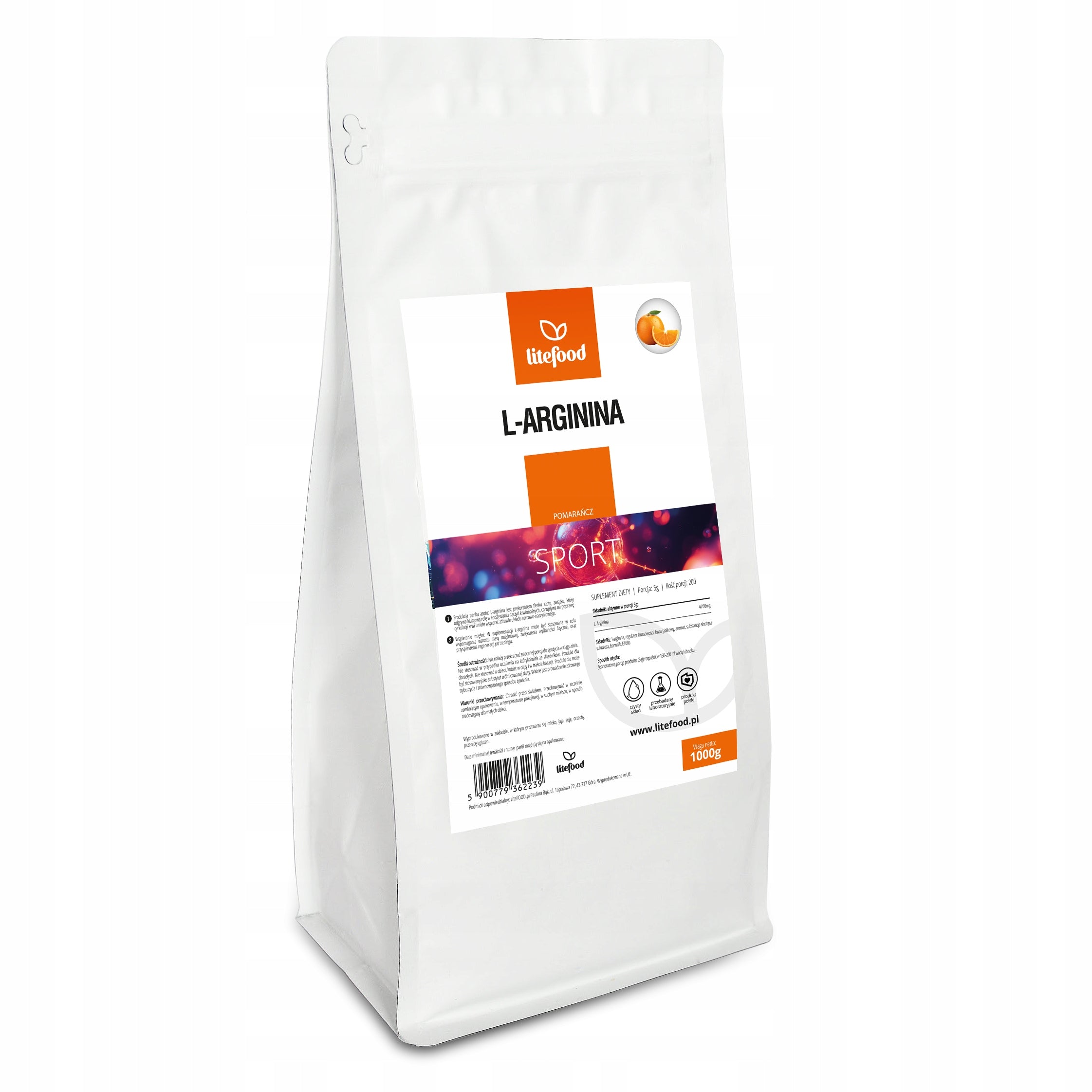 LiteFOOD - L-Arginine - Orange Flavour - 1000 g - Amino Acid