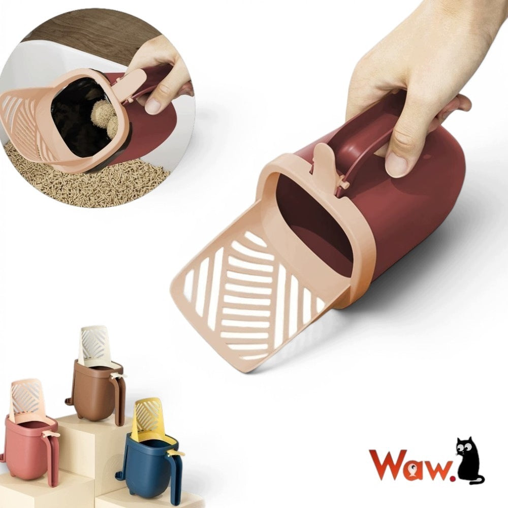 Litter box paddle with handle and sifter litter scoop with container
