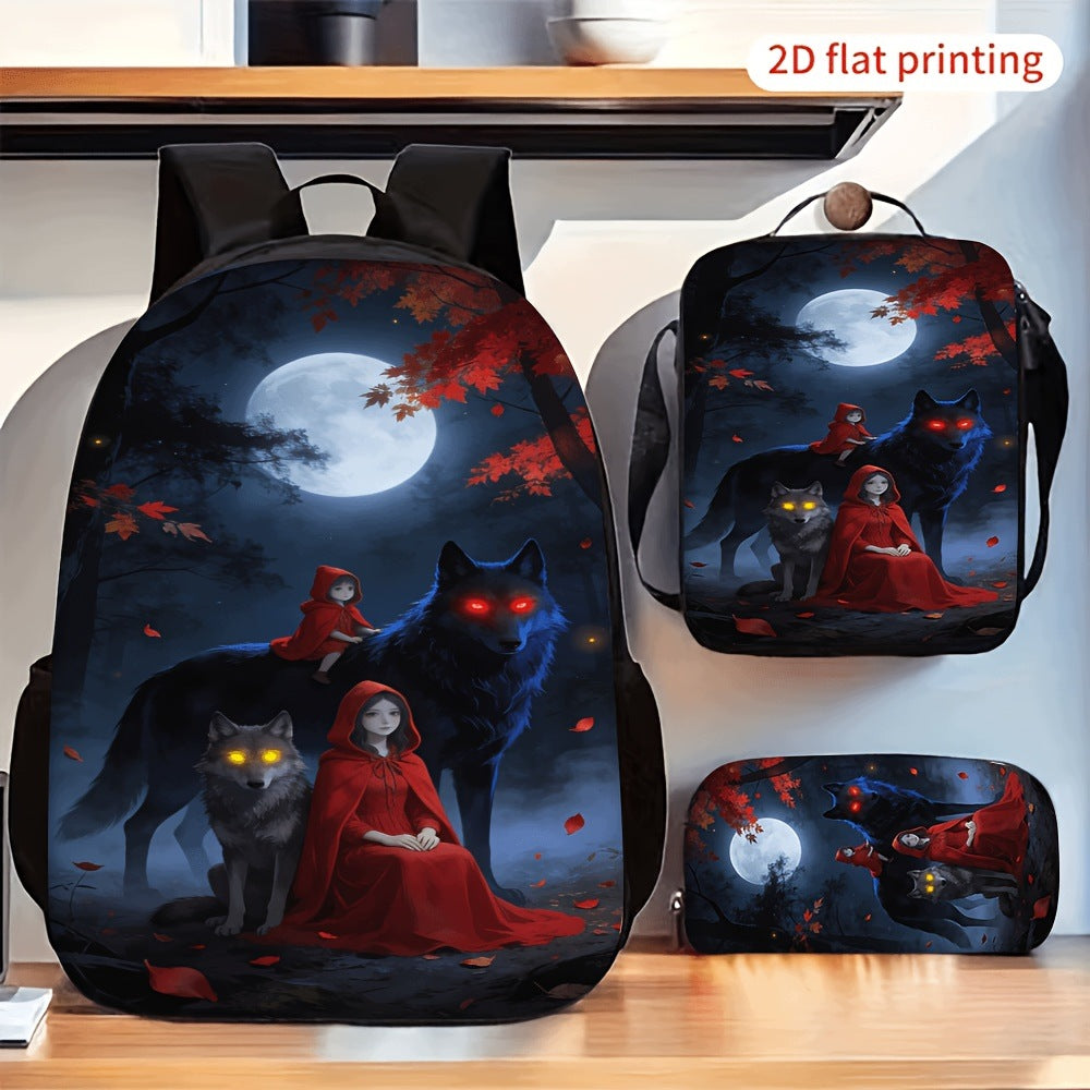 Little Red Riding Hood Night Moon Wolf Print Backpack Set