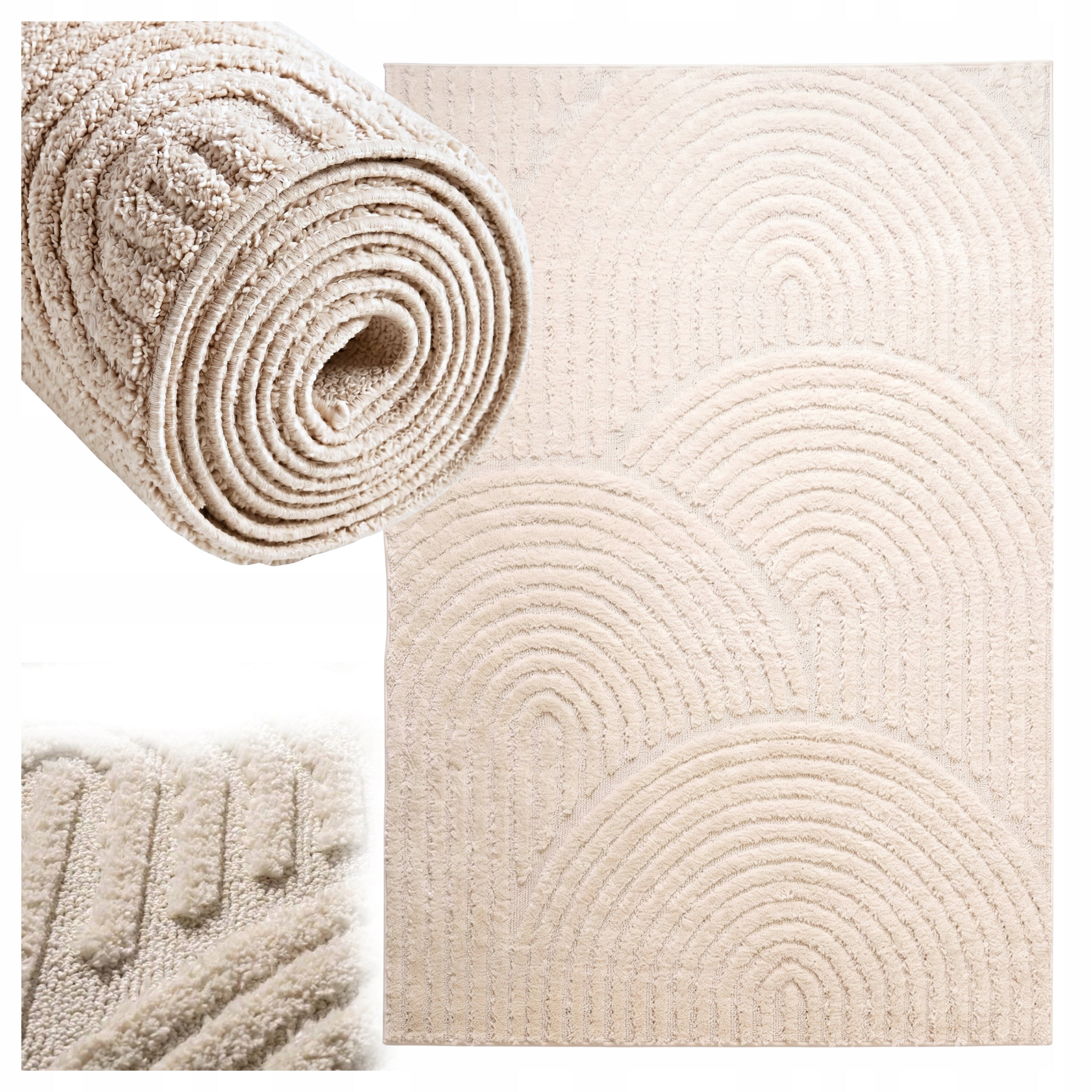 Living Room Rug Rectangular 160x230cm With 3D Effect Circles Cream Certificate