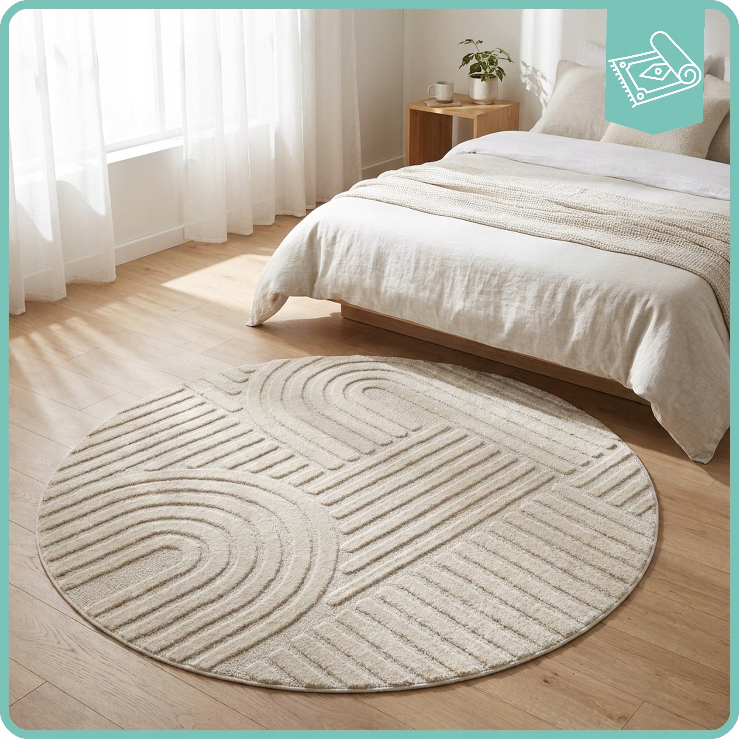 Living Room Rug Round 120x120cm Modern Geometry 3D Cream Certificate Length 120 cm