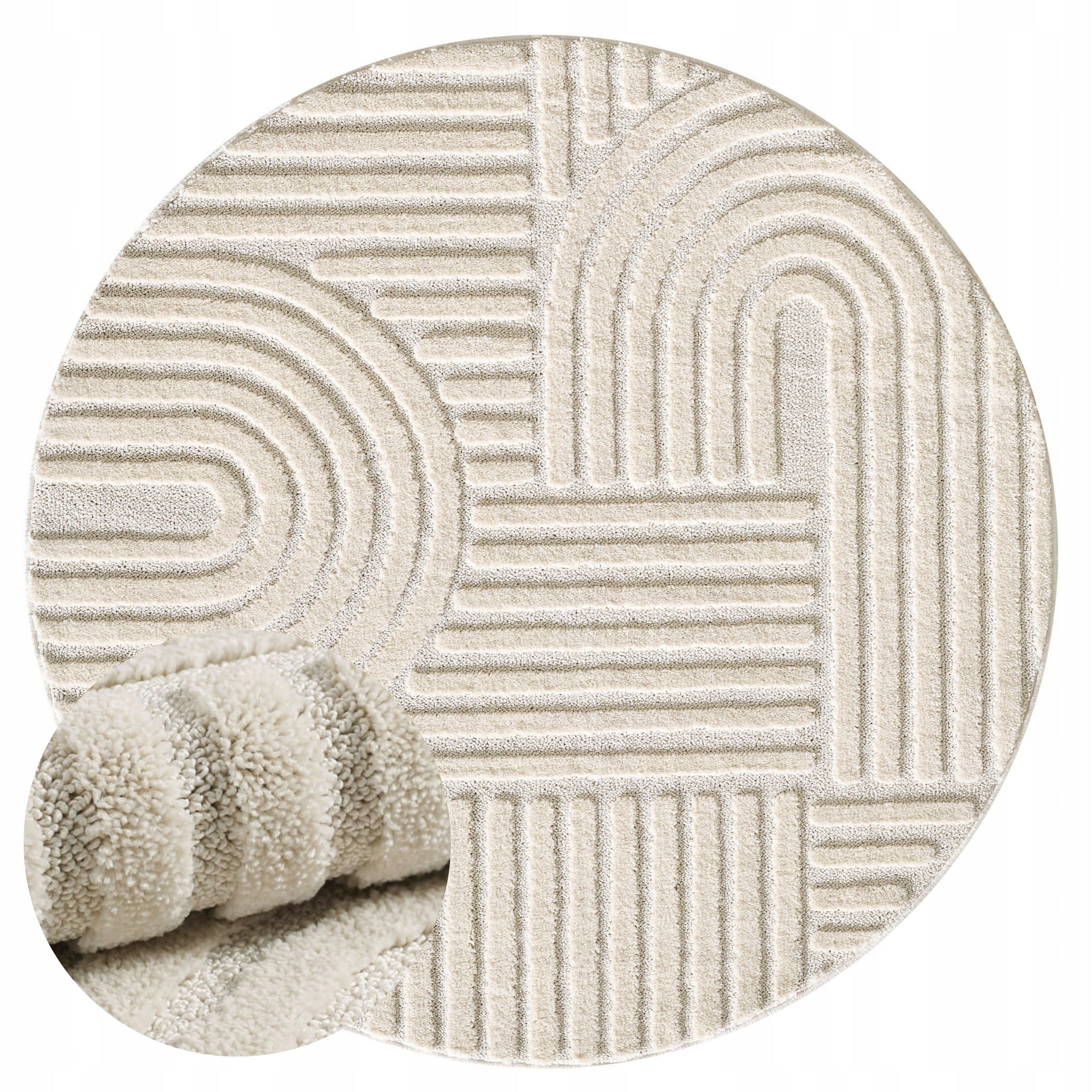 Living Room Rug Round 120x120cm Modern Geometry 3D Cream Certificate
