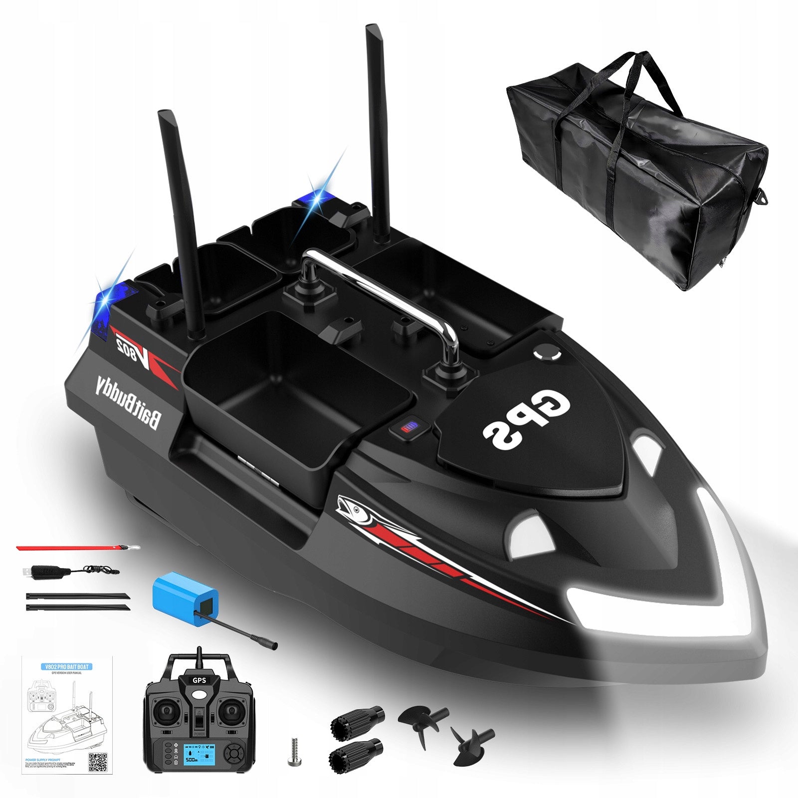 Lokeevan V802 Pro Bait boat GPS 4 tanks 160 points 500m black +HandBag