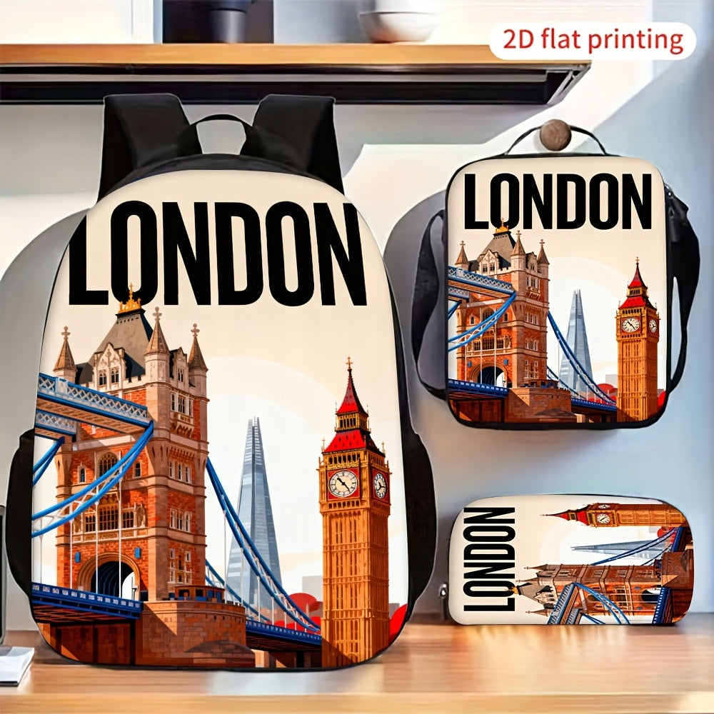 London Tower Bridge Big Ben 3-Piece Backpack Set with Crossbody Bag