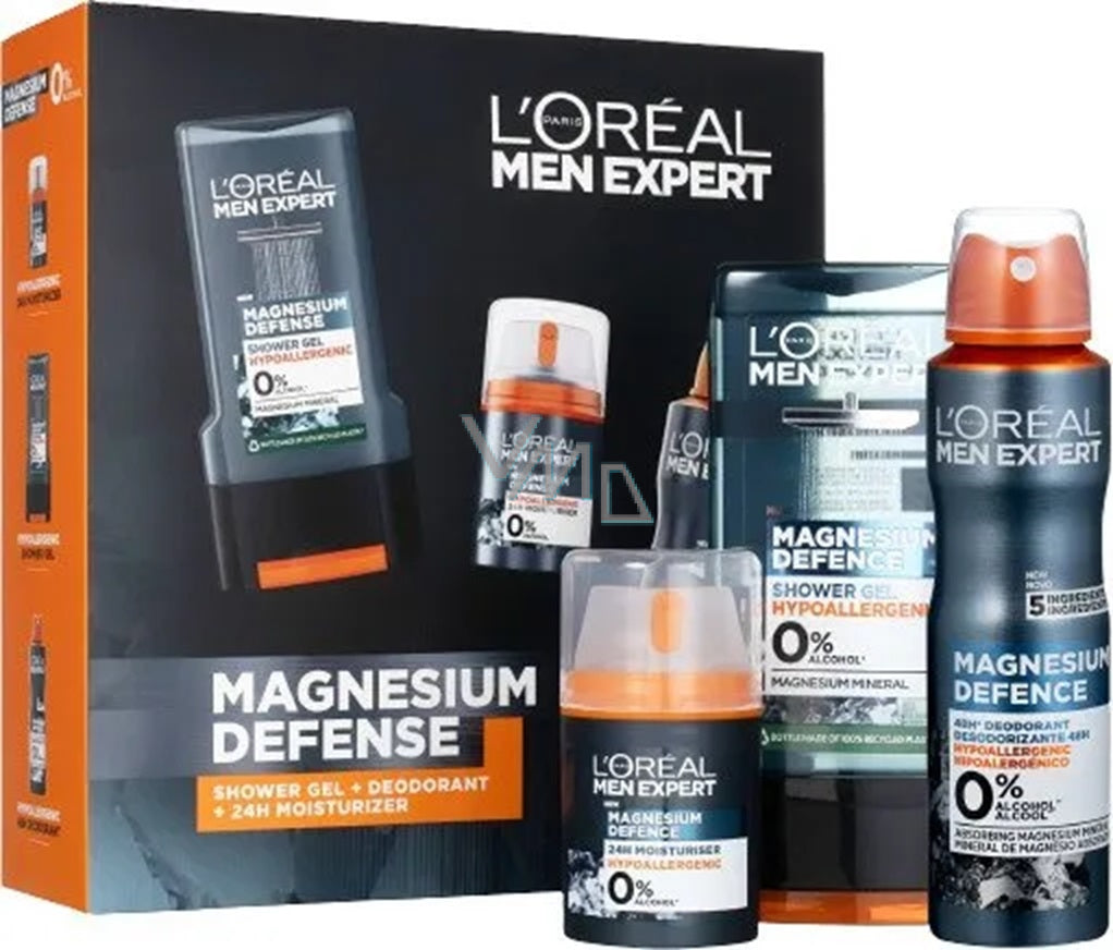 Kosmetikos rinkinys vyrams Loréal Paris Men Expert Magnesium Defense dieninis kremas 50 ml, dezodorantas 150 ml, Magnesium Defense dušo želė 300 ml