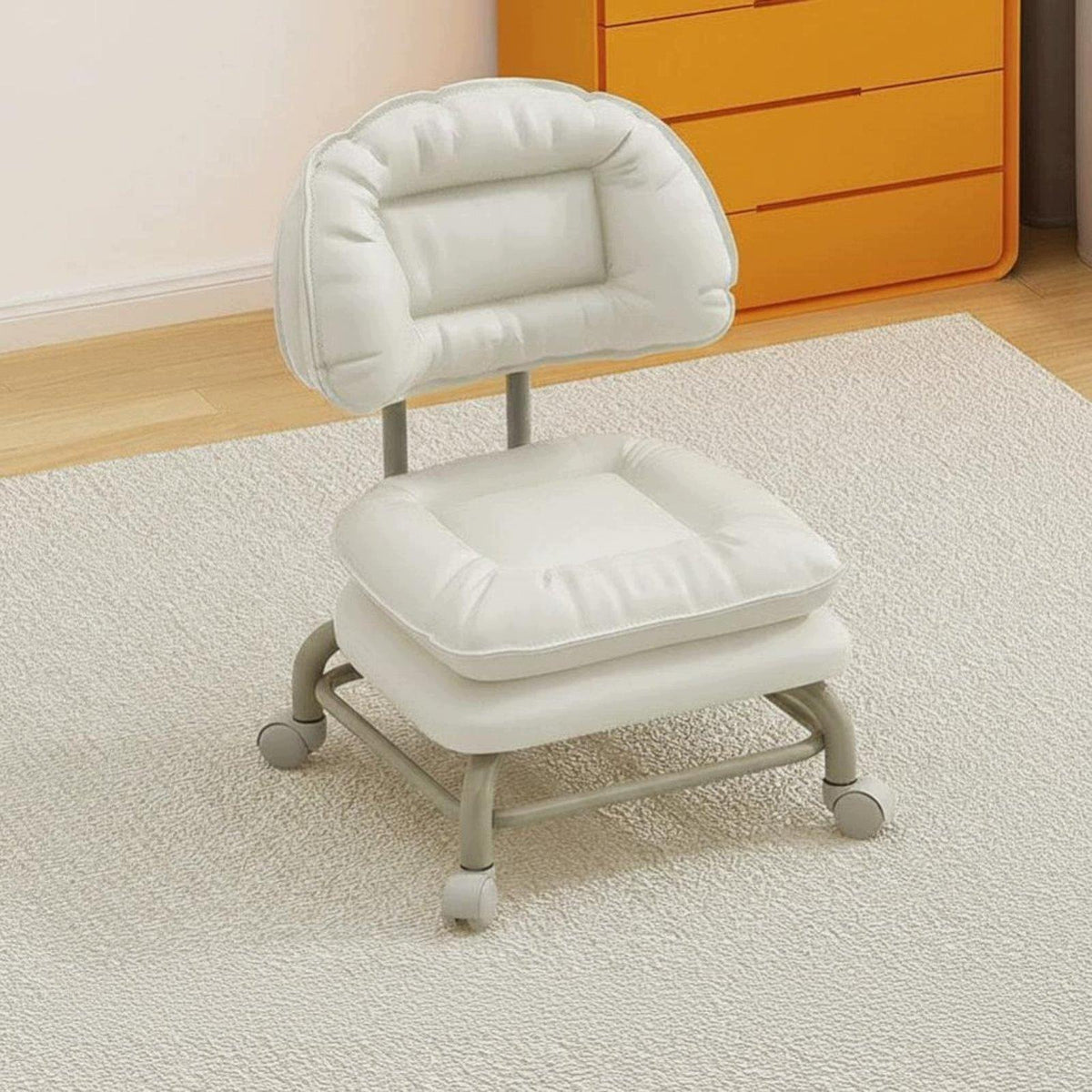 Low Padded Stool with rollers 360 Degree rotating Casters Round Beige Fixed