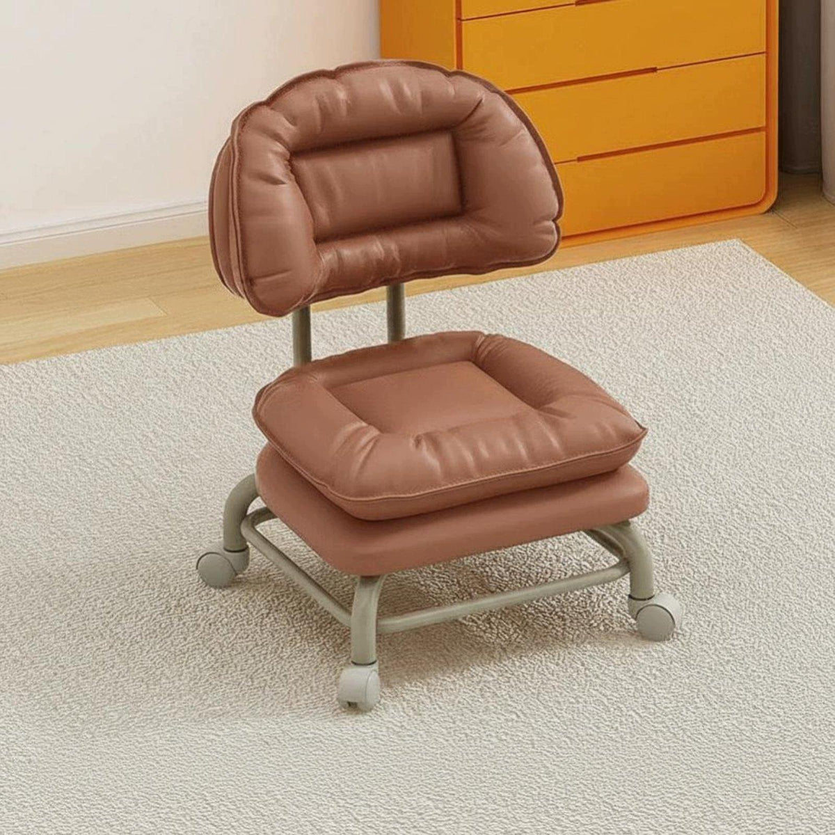 Low Padded Stool with rollers 360 Degree rotating Casters Round Brown Fixed