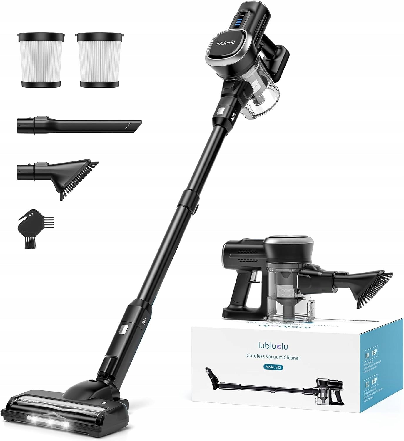 Lubluelu Cordless Vacuum Cleaner 25kPa 220W LED HEPA 50min Wireless