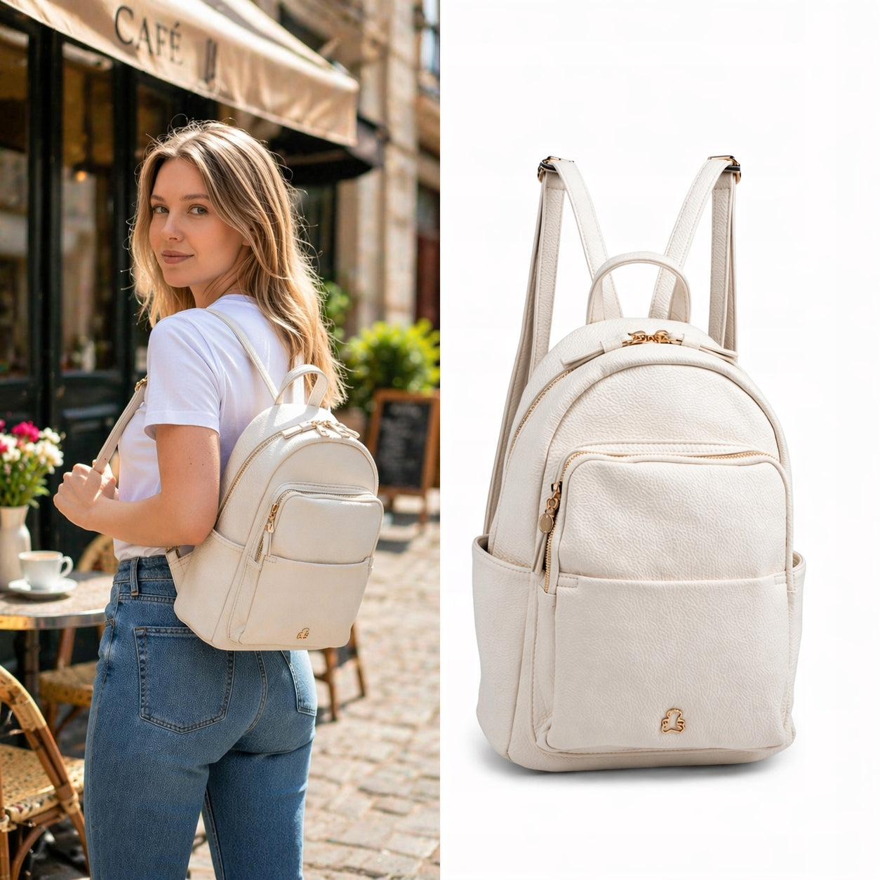 Lulu Castagnette city backpack LOGO BEAR ECRU