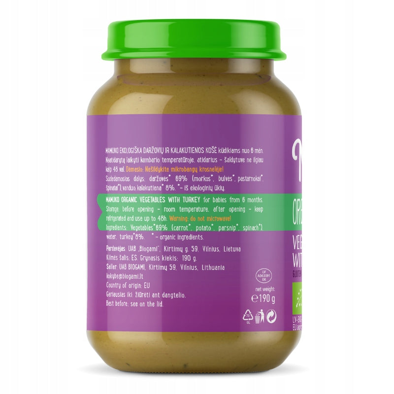 Lunch for Children Organic Turkey with Vegetables 6m+ Mamuko 190g Manufacturer code 4779032701303